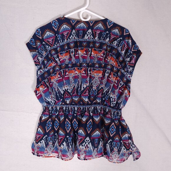Old Navy Womens Lined Ruched Waist Ikat Peplum Top Size L Boho Festival Pullover - Picture 2 of 12
